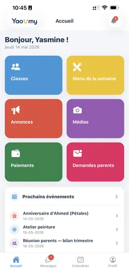 Application Yaoumy côté administrateur : classes, menu de la semaine, annonces, médias, paiements et demandes des parents
